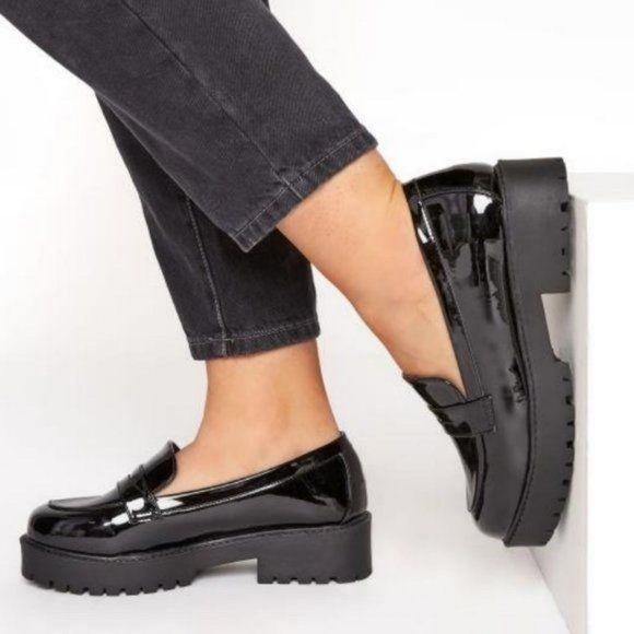 Shoes - Black Patent Leather Chunky Sole Loafers